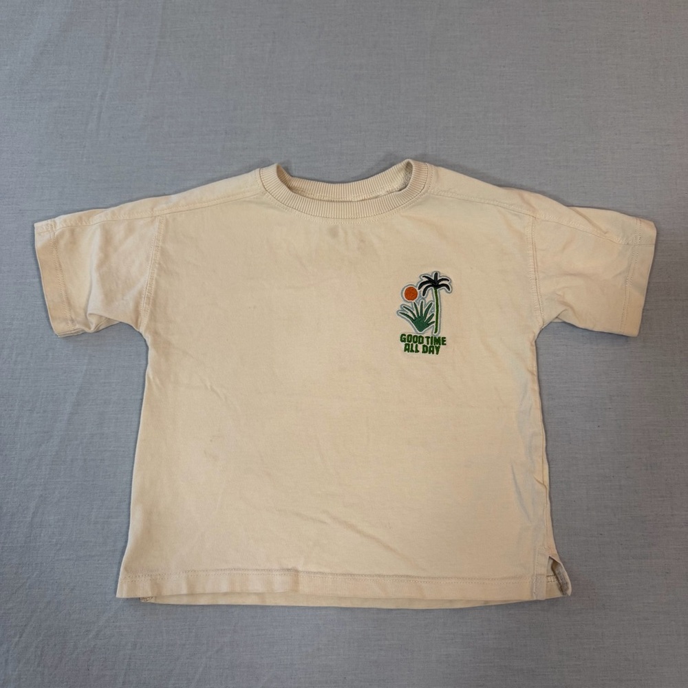 Zara Kids Tan T-Shirt with Palm Tree Graphic